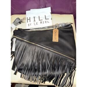 ChillX Large Black Faux Leather Fringe Crossbody Bag